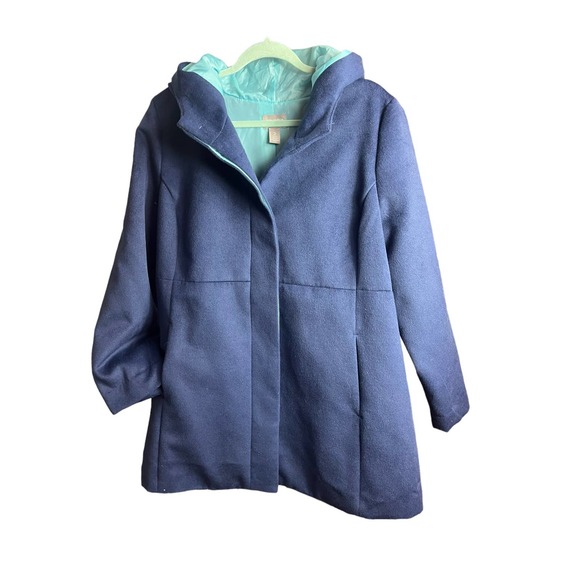 Chico's Hooded Coat, Faux-Wool Winter Mid Jacket | Size 2 (Large) | Navy Blue - Picture 6 of 10